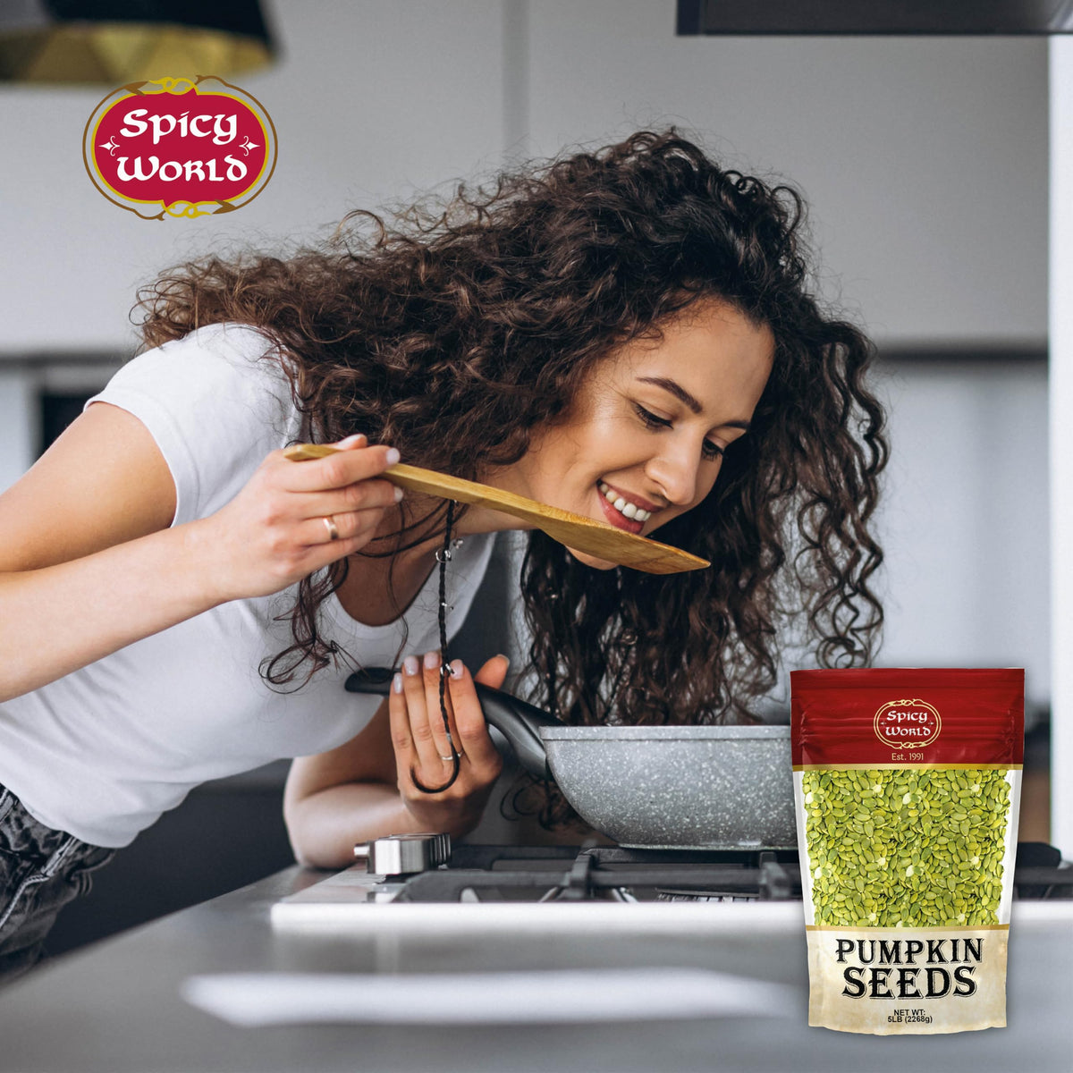 Spicy World vegan pumpkin seeds snack-ready for versatility.