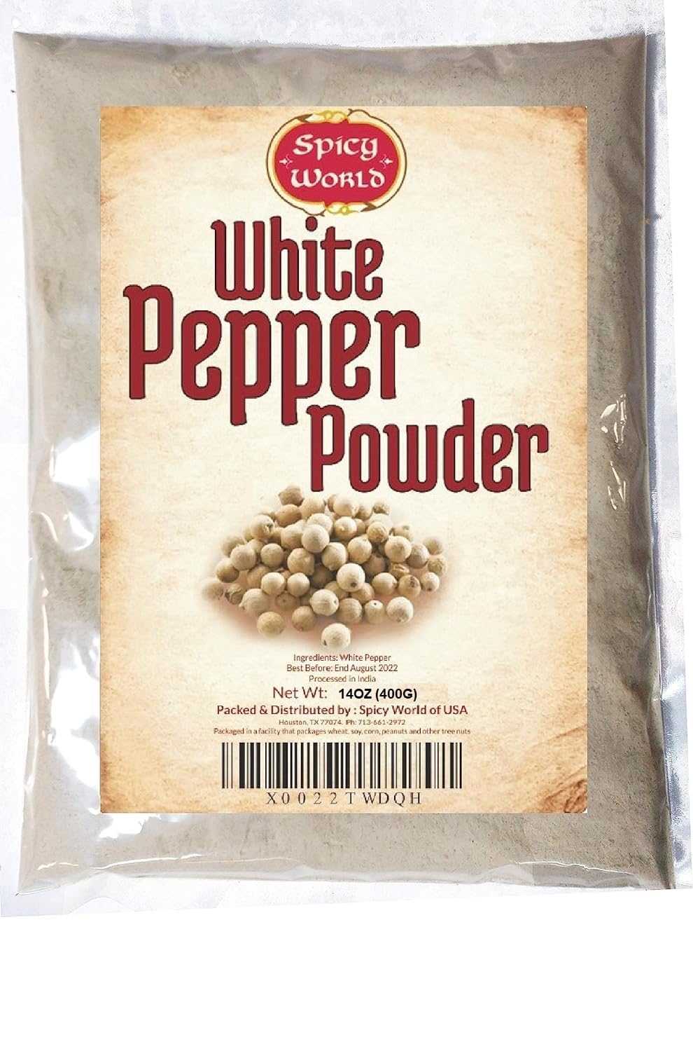 Spicy World White Pepper Ground 14oz bottle offers versatile seasoning for soups and dishes.