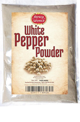 Spicy World White Pepper Ground 14oz bottle offers versatile seasoning for soups and dishes.