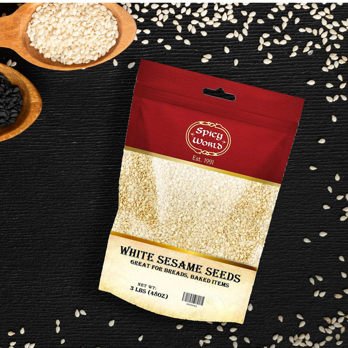 Spicy World white sesame seeds with bread or bagels visual cue