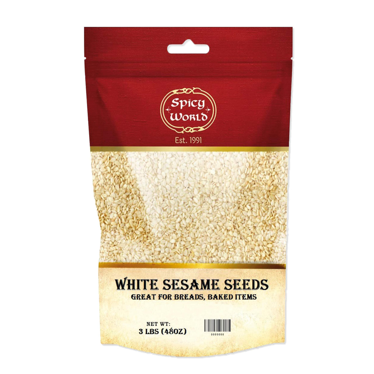 Spicy World white sesame seeds front bag for bulk storage and easy access