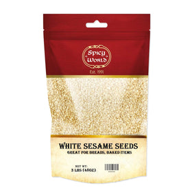 Spicy World white sesame seeds front bag for bulk storage and easy access