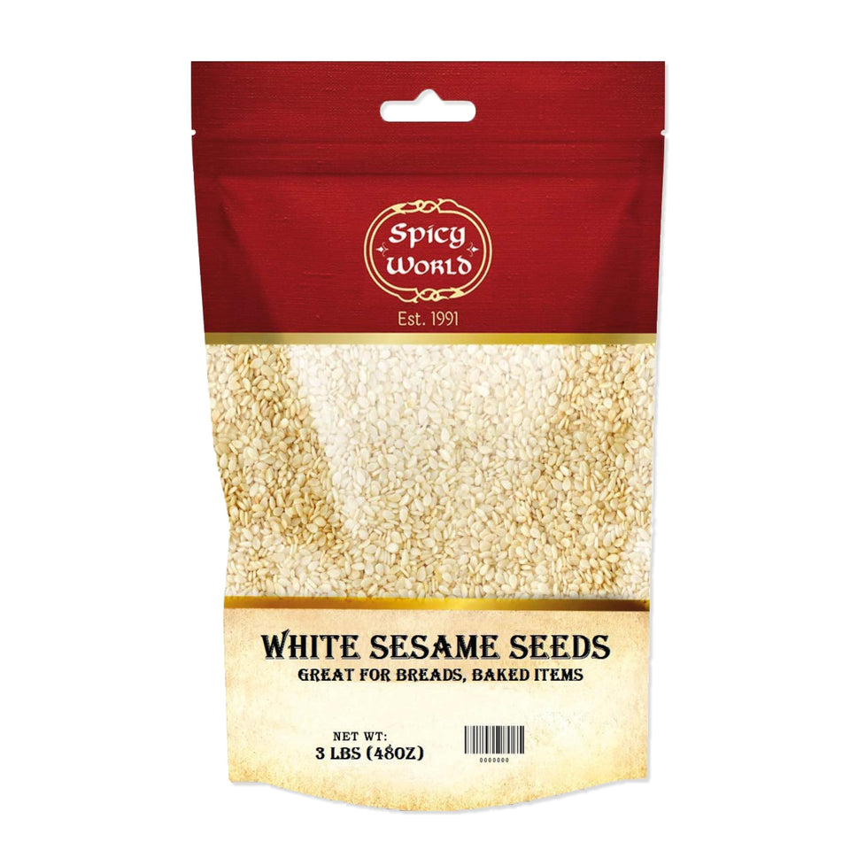 Spicy World white sesame seeds front bag for bulk storage and easy access