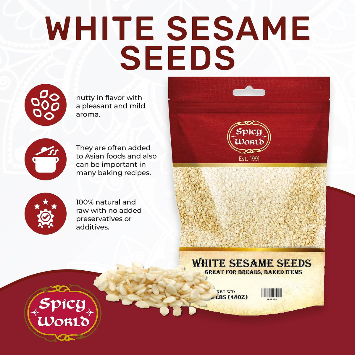Spicy World white sesame seeds resealable bag pour for quick cooking