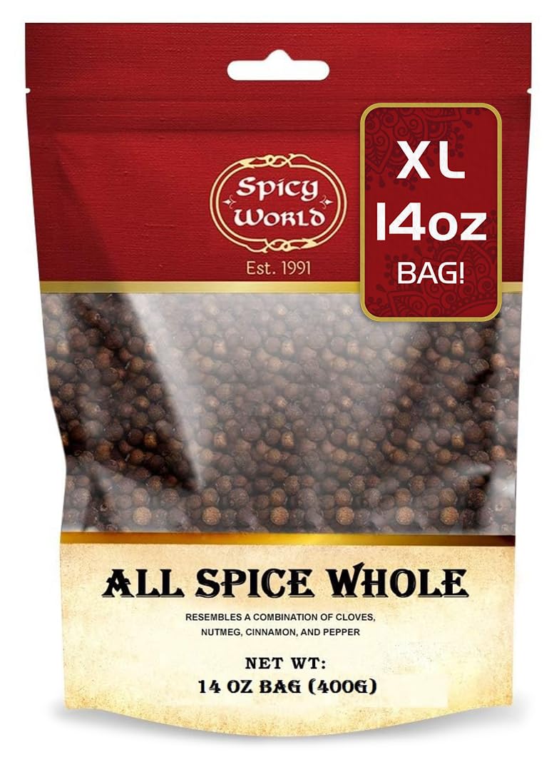 Spicy World whole allspice berries in a resealable bag for fresh flavor.