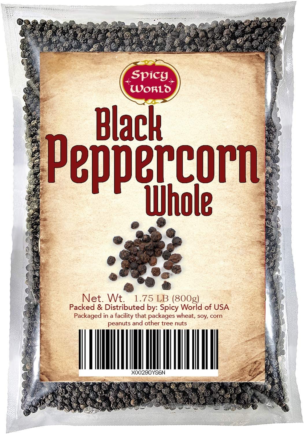 Spicy World whole black peppercorns in a 1.75 lb bag for fresh grinding