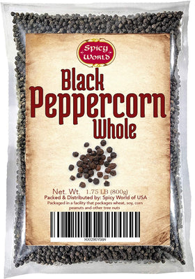 Spicy World whole black peppercorns in a 1.75 lb bag for fresh grinding