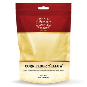Spicy World yellow corn flour bag on the counter, ready for baking and pantry storage.