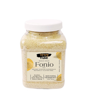 Spicy Yum fonio whole grain bag highlights premium texture and gluten-free appeal.