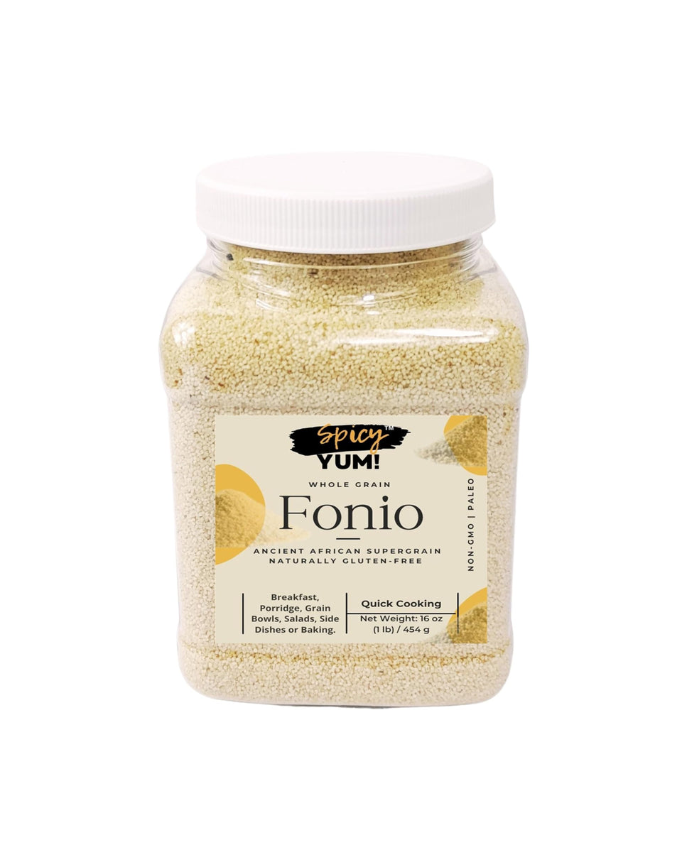 Spicy Yum fonio whole grain bag highlights premium texture and gluten-free appeal.