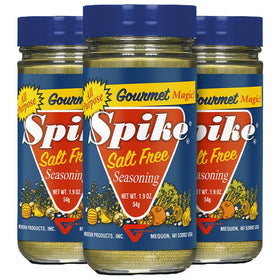 Spike All-Purpose Seasoning salt-free 3-pack packshot for quick flavoring of meats and veggies.