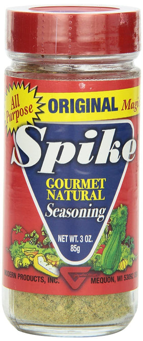 Close-up of Spike jar, showcasing low-sodium, no sugar, no MSG attributes.