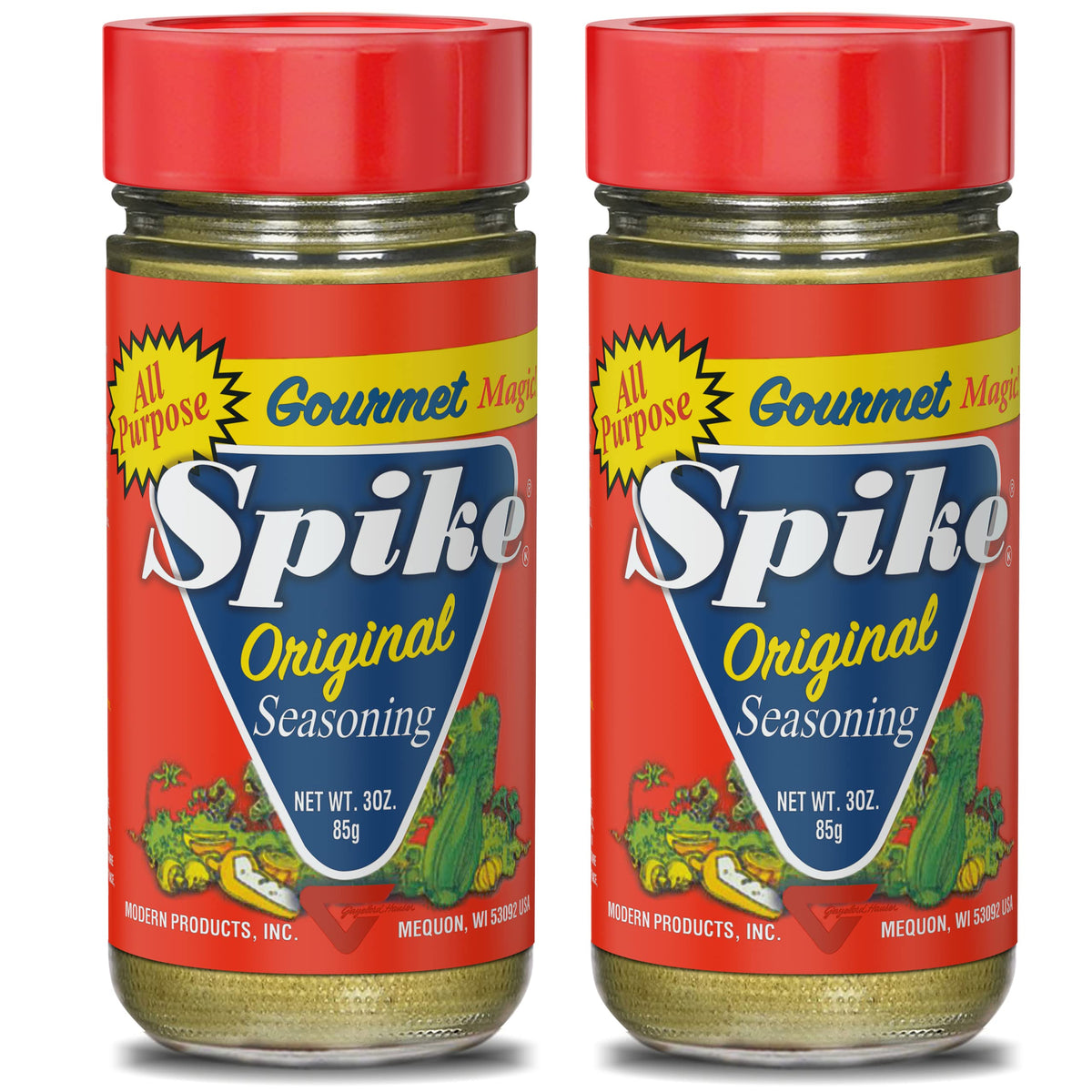 Spike Original seasoning salt bottle shows versatile flavor for fish, poultry, and vegetables.