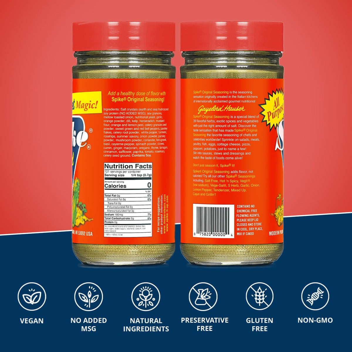 Spike Original seasoning salt shaker enables quick, even seasoning on grilled meats.