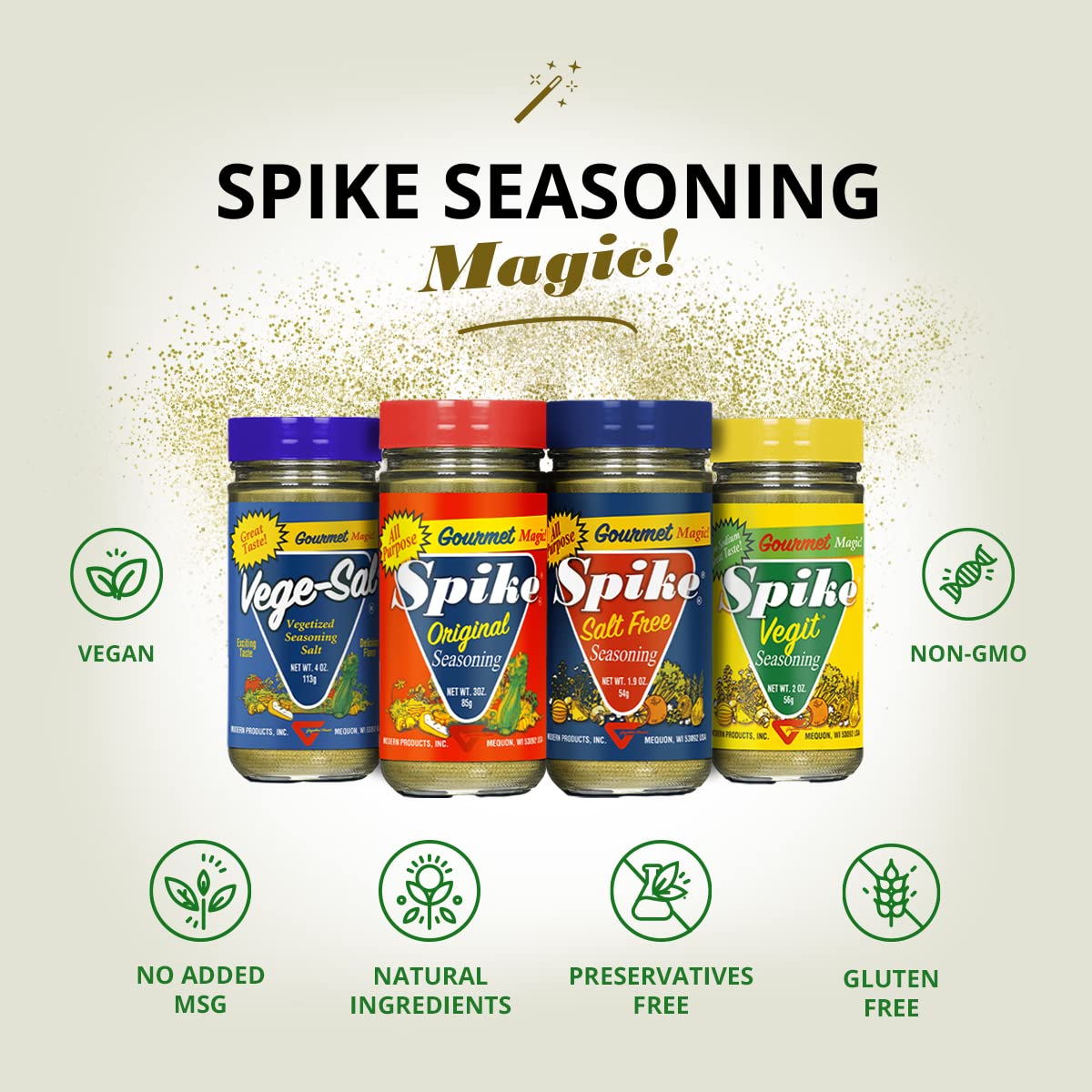Spike seasoning ingredients close-up highlights onion, garlic, oregano, thyme and dill.