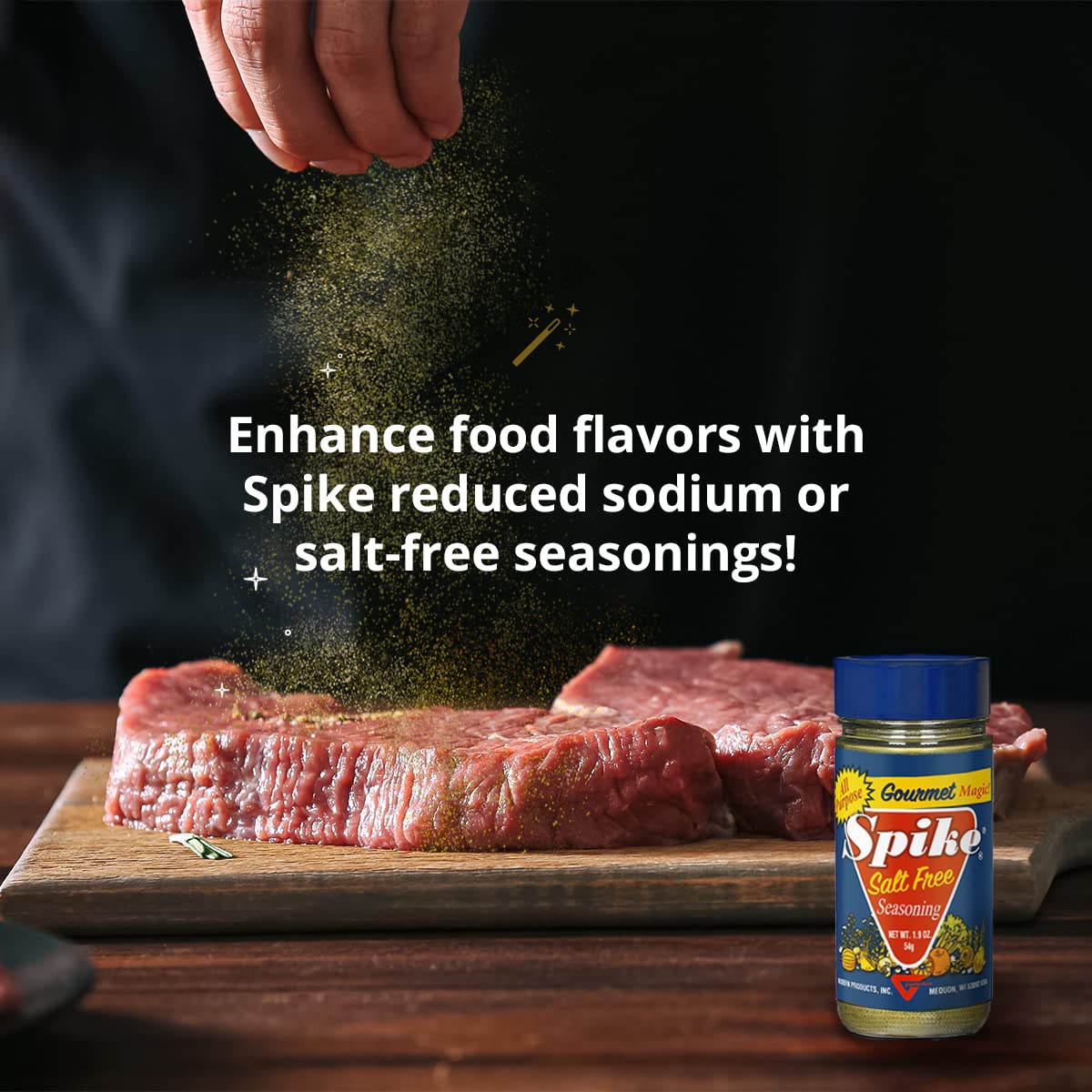 Spike salt-free seasoning sprinkled on fish and vegetables showcases versatile kitchen use.