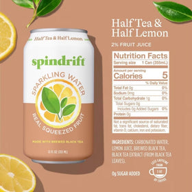 Spindrift 12-flavor pack label closeup shows natural ingredients and flavor variety.