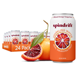 Spindrift Blood Orange Tangerine can closeup highlighting real fruit juice freshness.