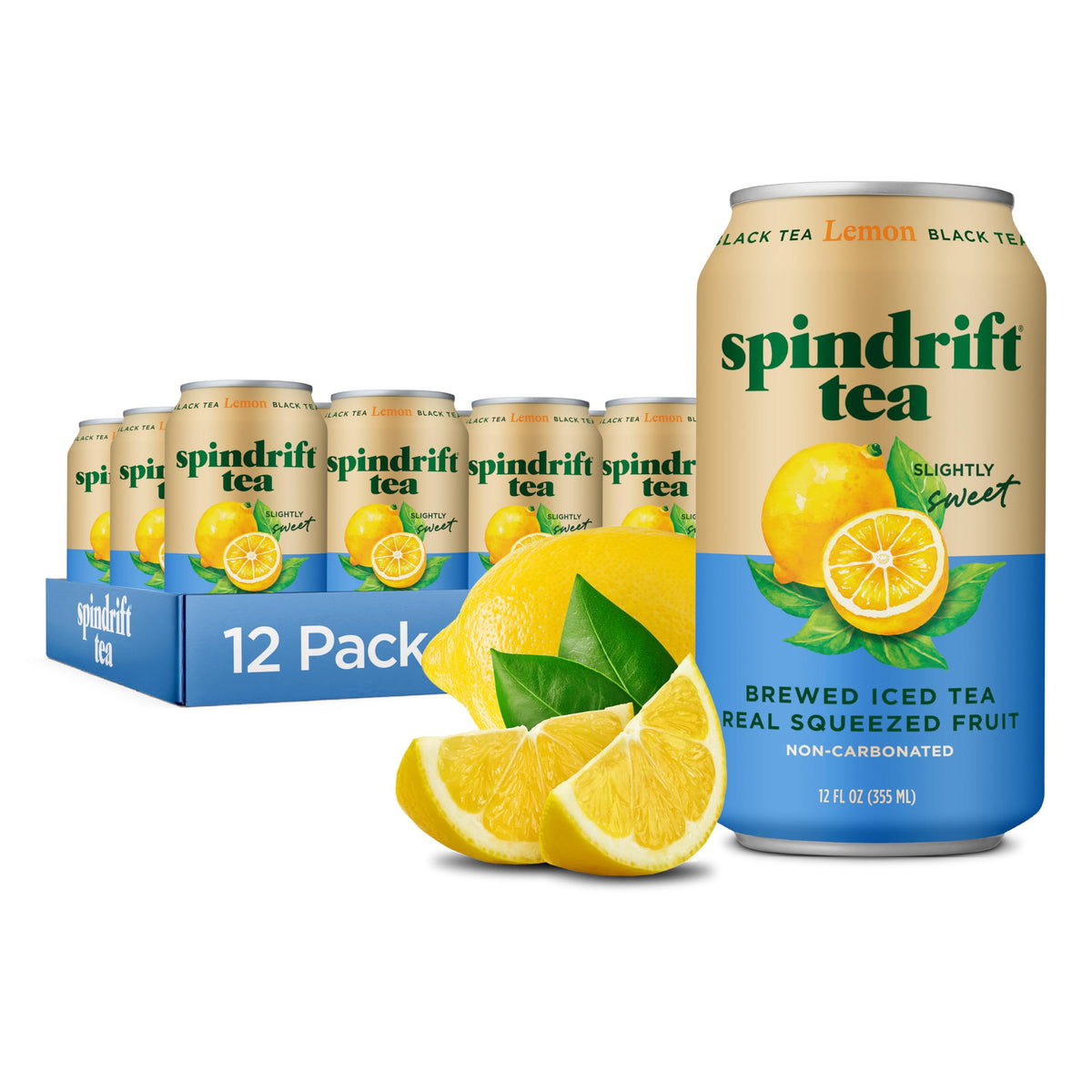 Spindrift Lemon Black Tea can front highlights real fruit flavor and low-calorie refreshment.