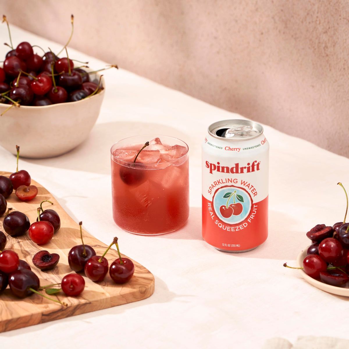 Two cherry varieties in Spindrift Cherry flavor create depth.