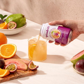 Spindrift label closeup highlights real fruit ingredients and natural refreshment.