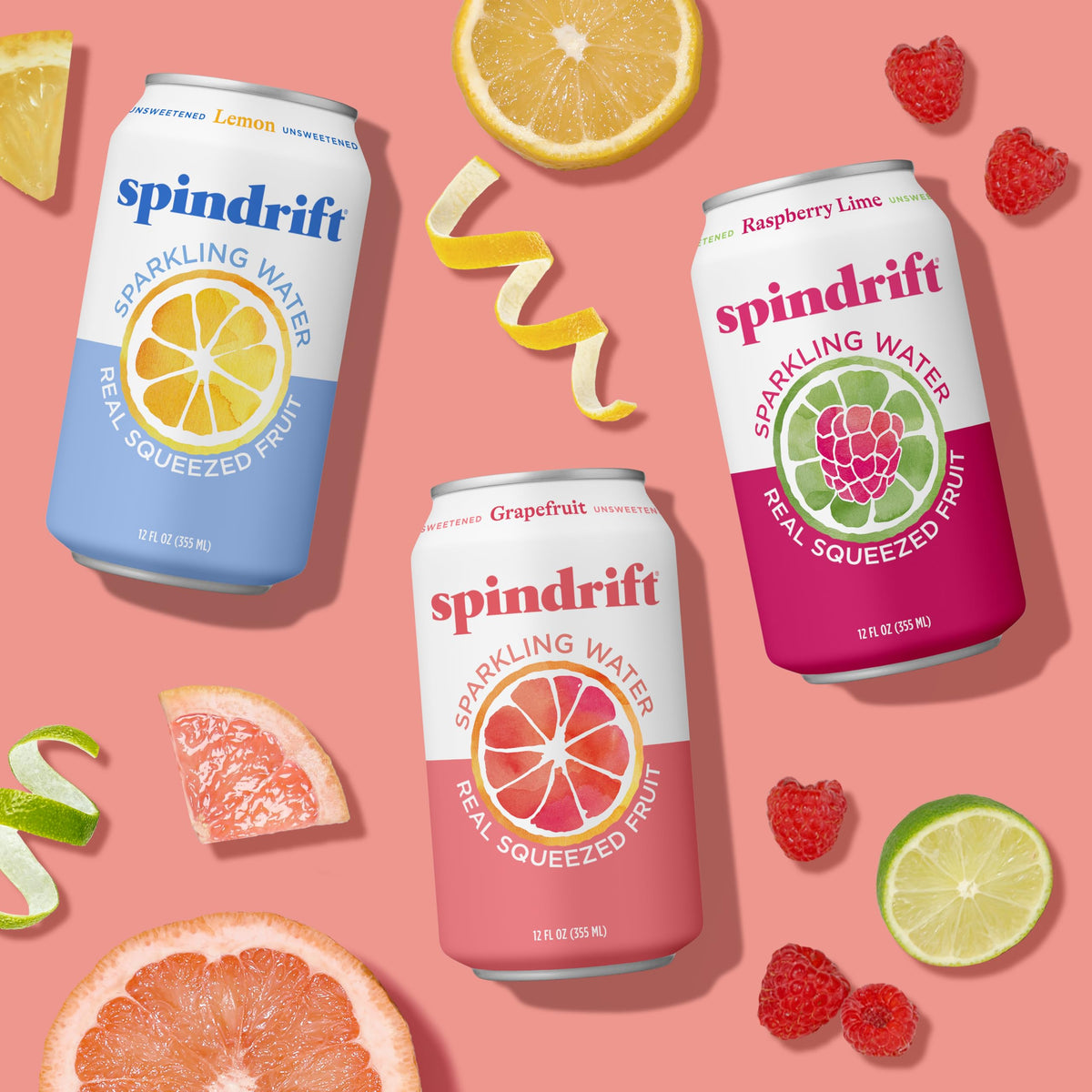 Spindrift Core 3-pack Raspberry Lime Grapefruit cans with crisp, natural fruit taste for gatherings