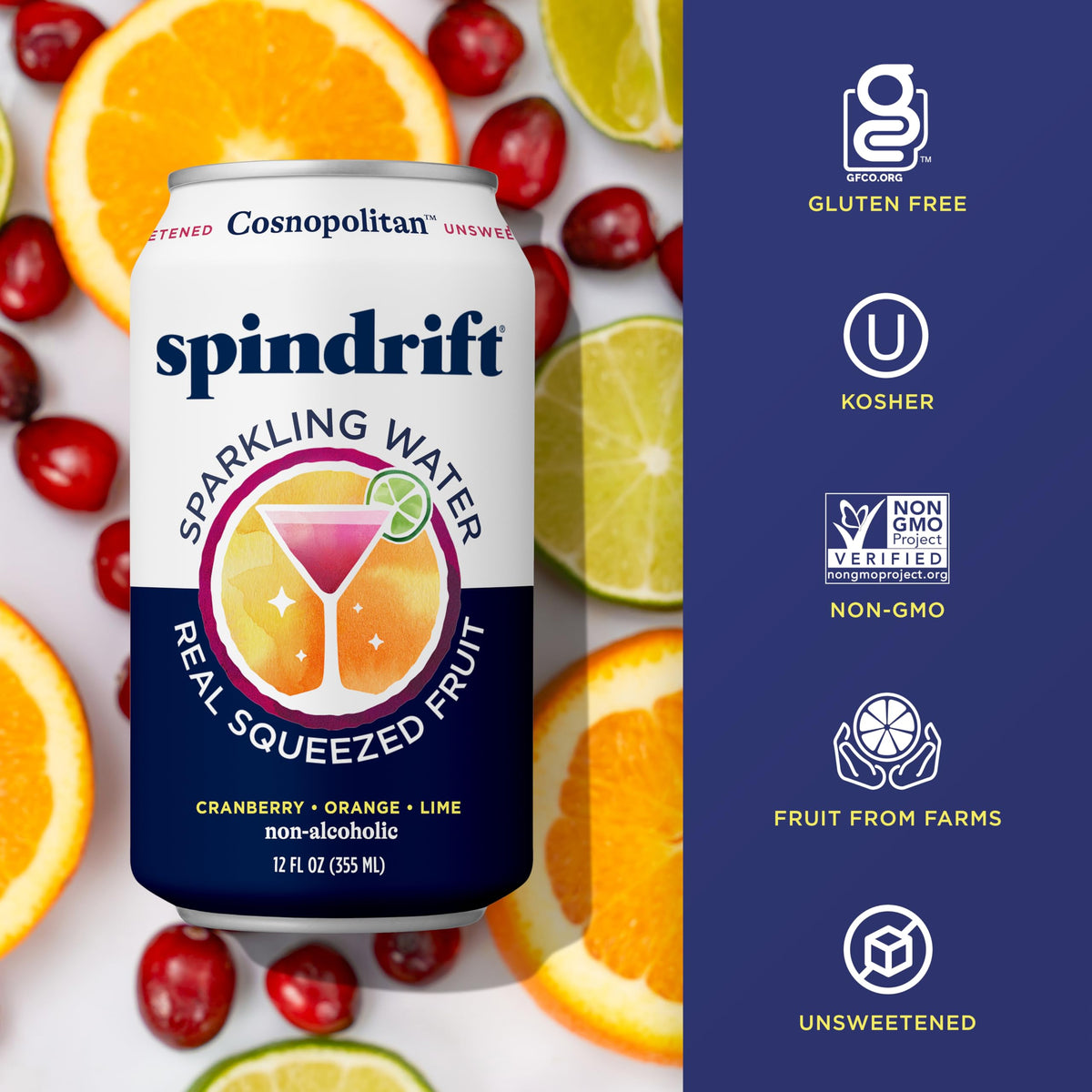 Spindrift Cosnopolitan glass with can displaying sparkling bubbles