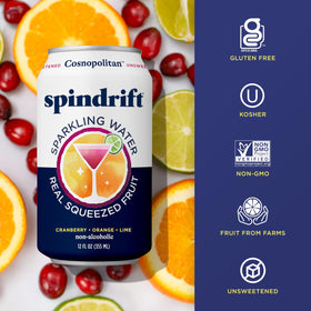 Spindrift Cosnopolitan glass with can displaying sparkling bubbles