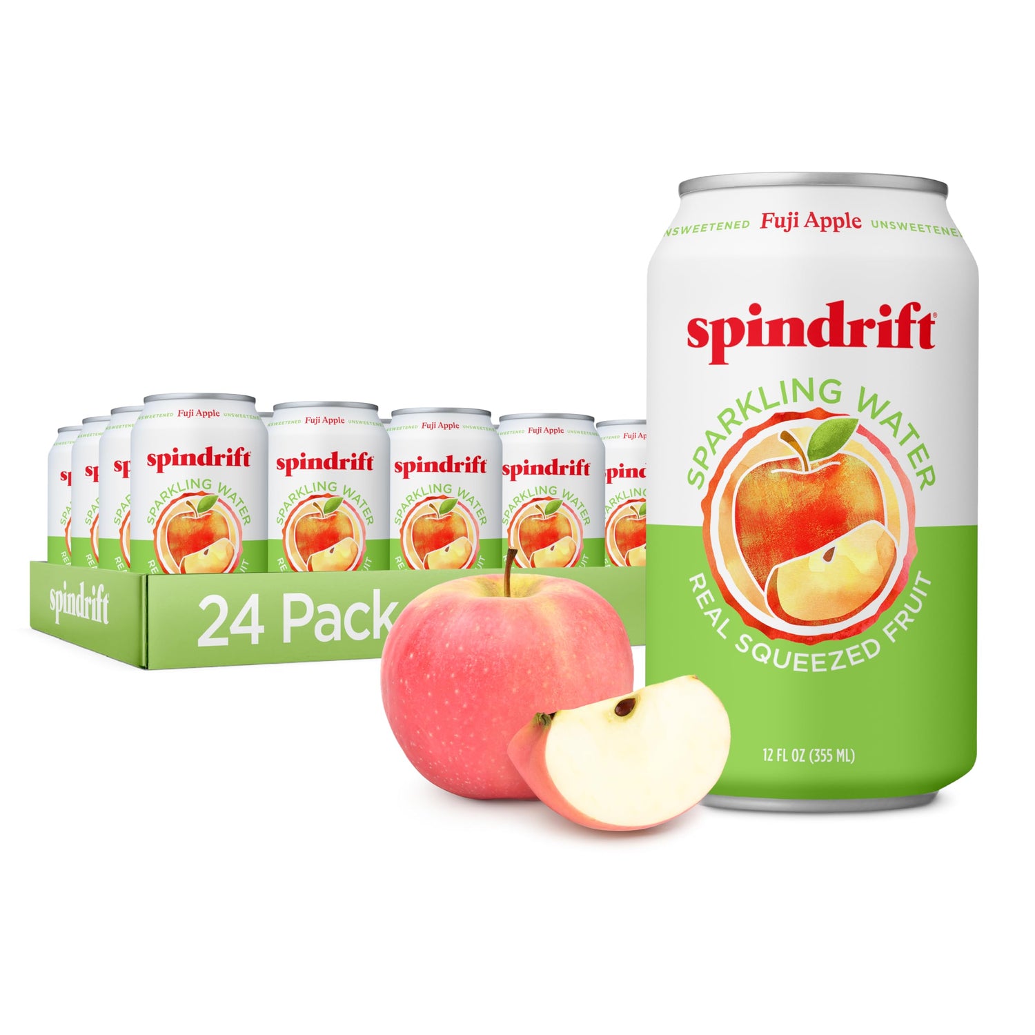 Spindrift Fuji Apple can 24-pack showing real fruit flavor for a refreshing sip.