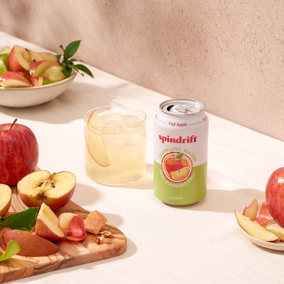 Spindrift Fuji Apple can with nutrition panel visible for transparency.