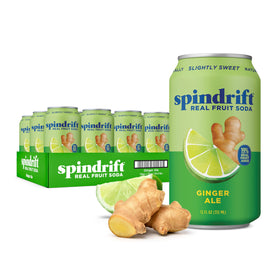 Spindrift Ginger Ale can being poured, showcasing real fruit flavor and crisp refreshment.