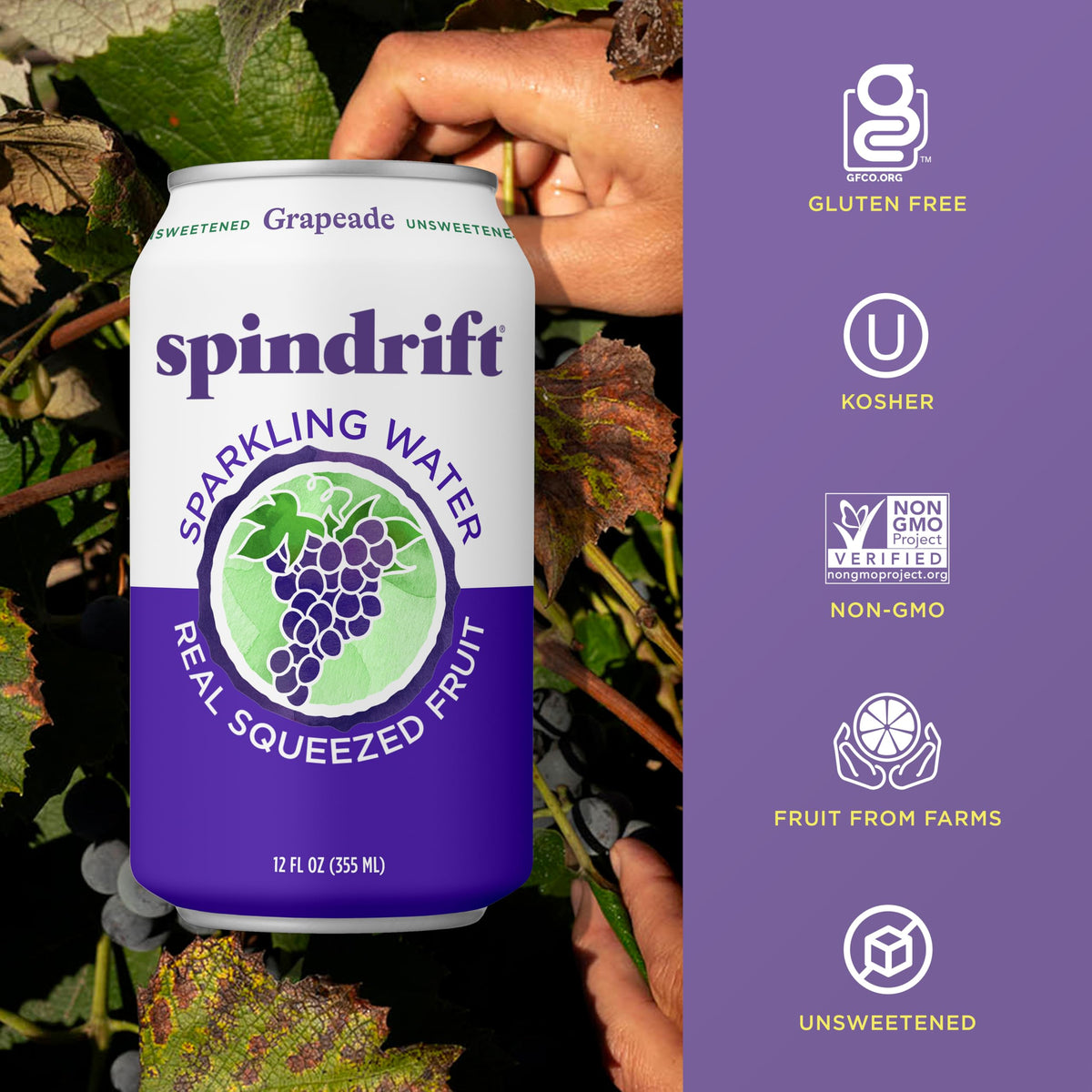 Spindrift Grapeade can with fresh grape slices visuals