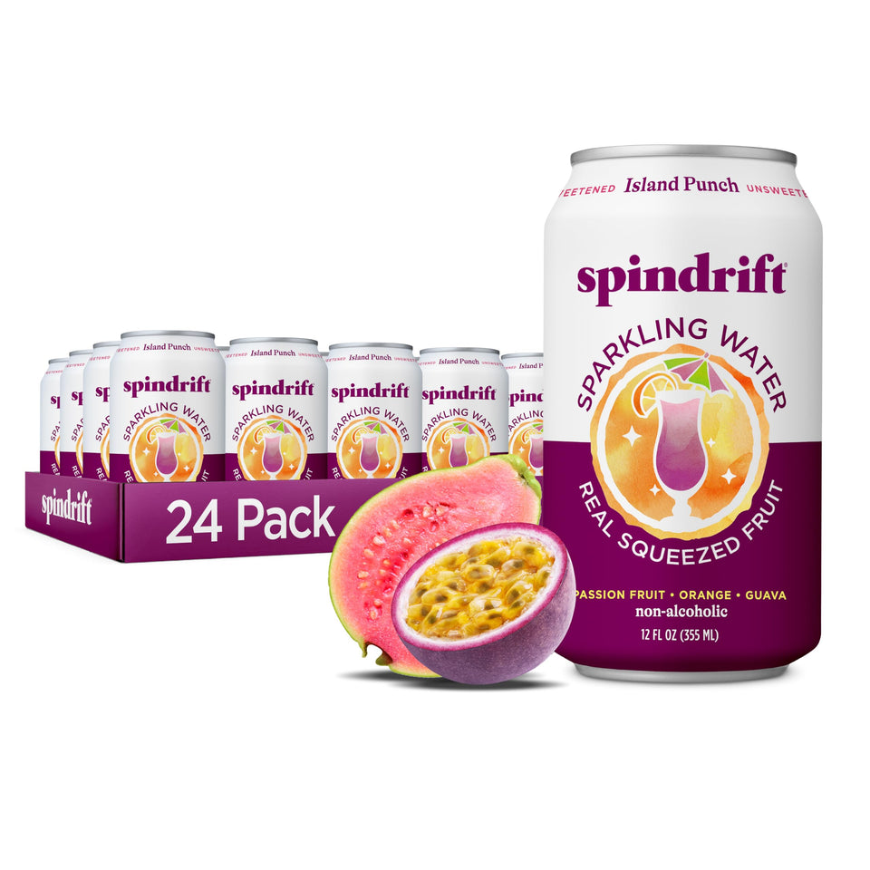 Spindrift Island Punch can, side view, refreshing real-fruit sparkling water