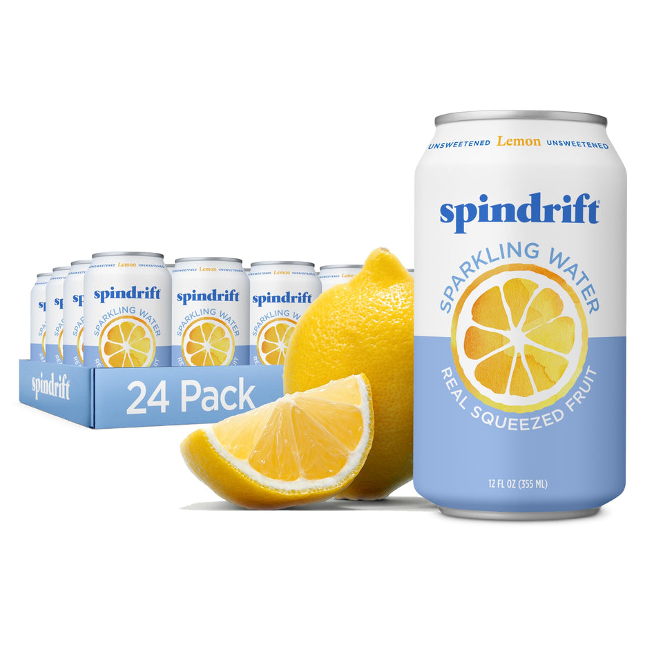 Spindrift Lemon 24-pack cans showcase real fruit flavor, ideal as a soda alternative.