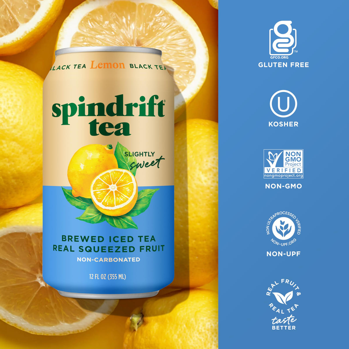 Spindrift Lemon Black Tea bottle label documents crafted blends for a crisp, ready-to-drink iced tea.