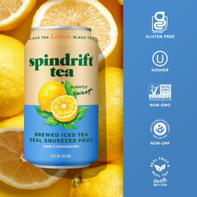 Spindrift Lemon Black Tea bottle label documents crafted blends for a crisp, ready-to-drink iced tea.