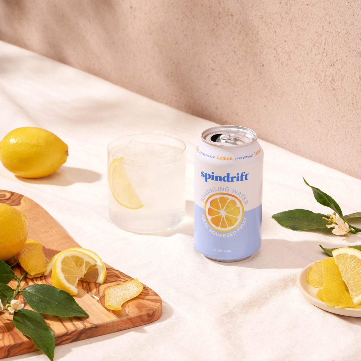 Spindrift Lemon label detail emphasizes real fruit juice and farm-fresh lemons.