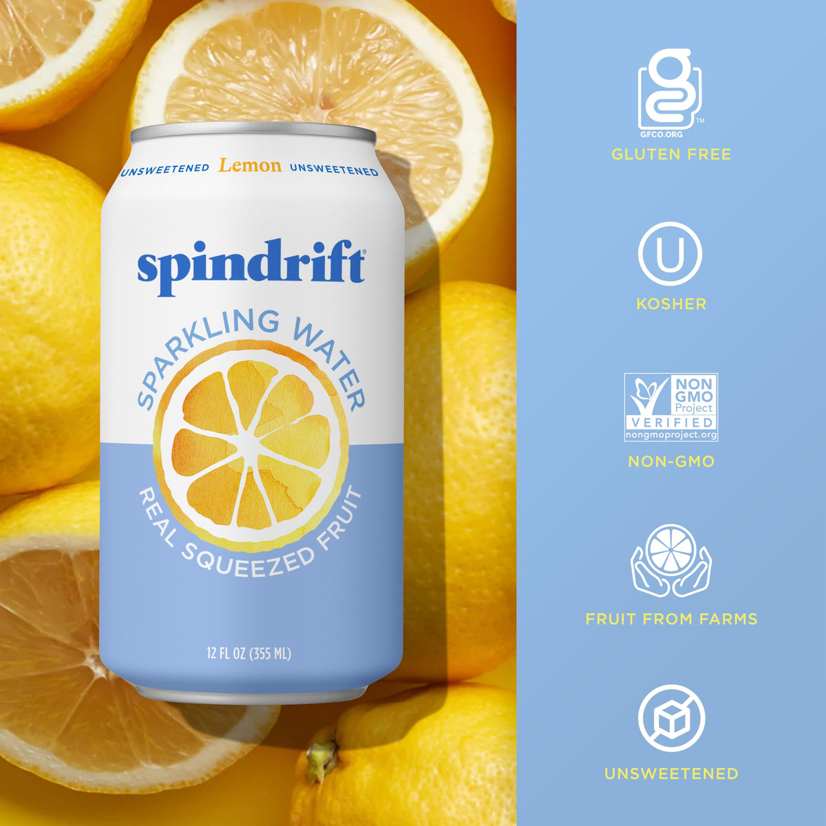 Spindrift Lemon pour over ice, capturing bright citrus aroma and crisp sparkle.