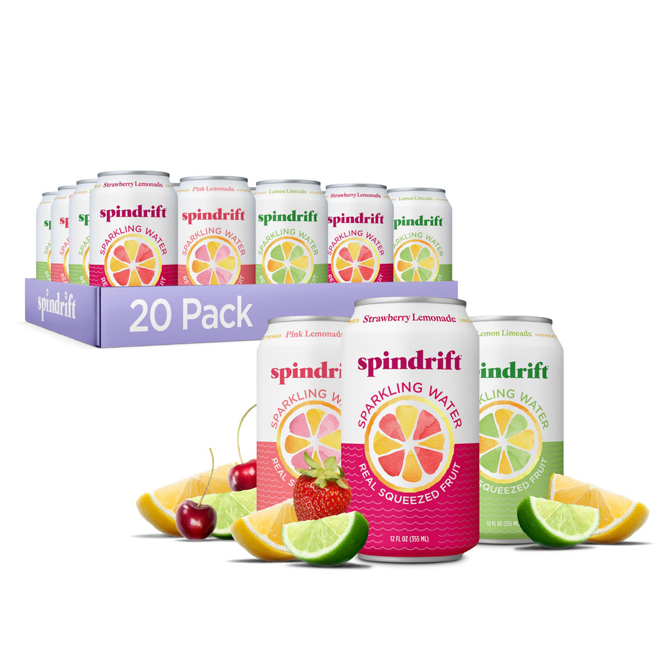 Spindrift Lemonade 3-Flavor Variety 20-Pack front view with convenient cans for on-the-go refreshment