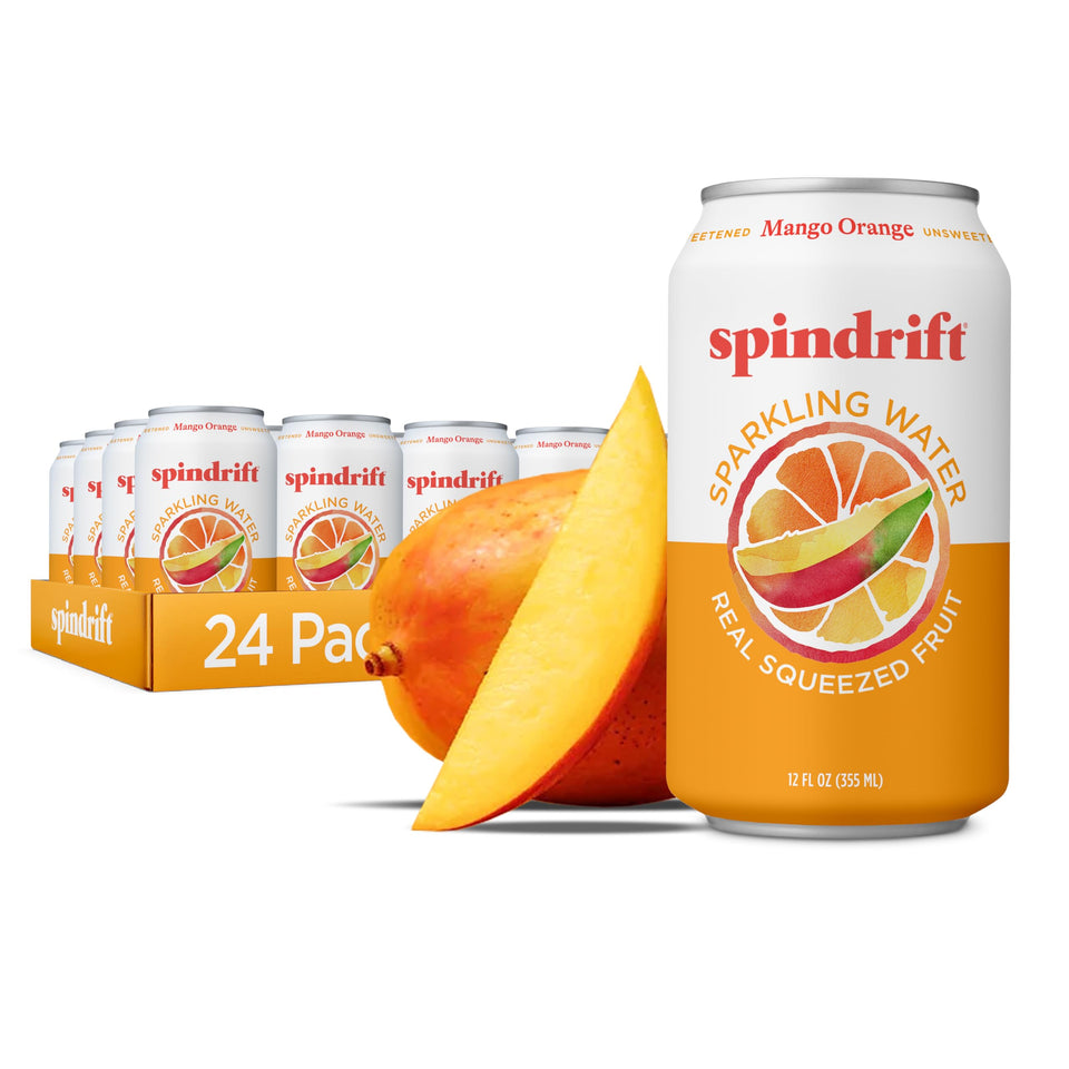 Spindrift Mango Orange can front view highlighting real juice and tropical flavor