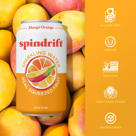 Spindrift Mango Orange label closeup emphasizing real fruit purée