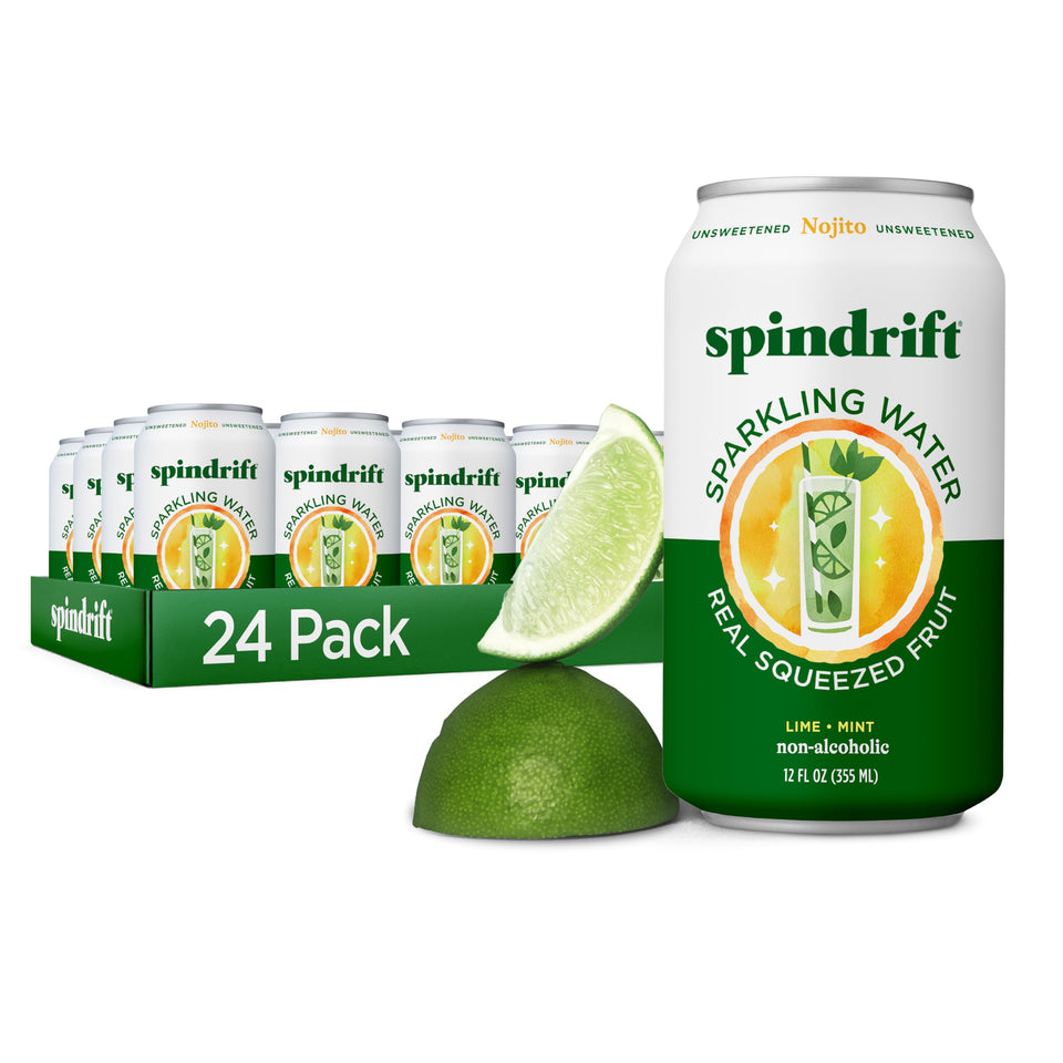 Spindrift Nojito cans closeup showing real lime and mint for a refreshing sip