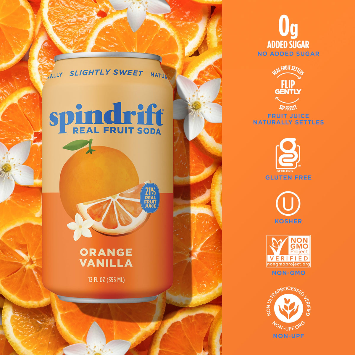 Spindrift Orange Cream Float ingredients label emphasizing real fruit and clean ingredients