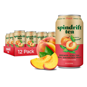 Spindrift Peach Green Tea bottle highlighting real fruit flavor for on-the-go refreshment