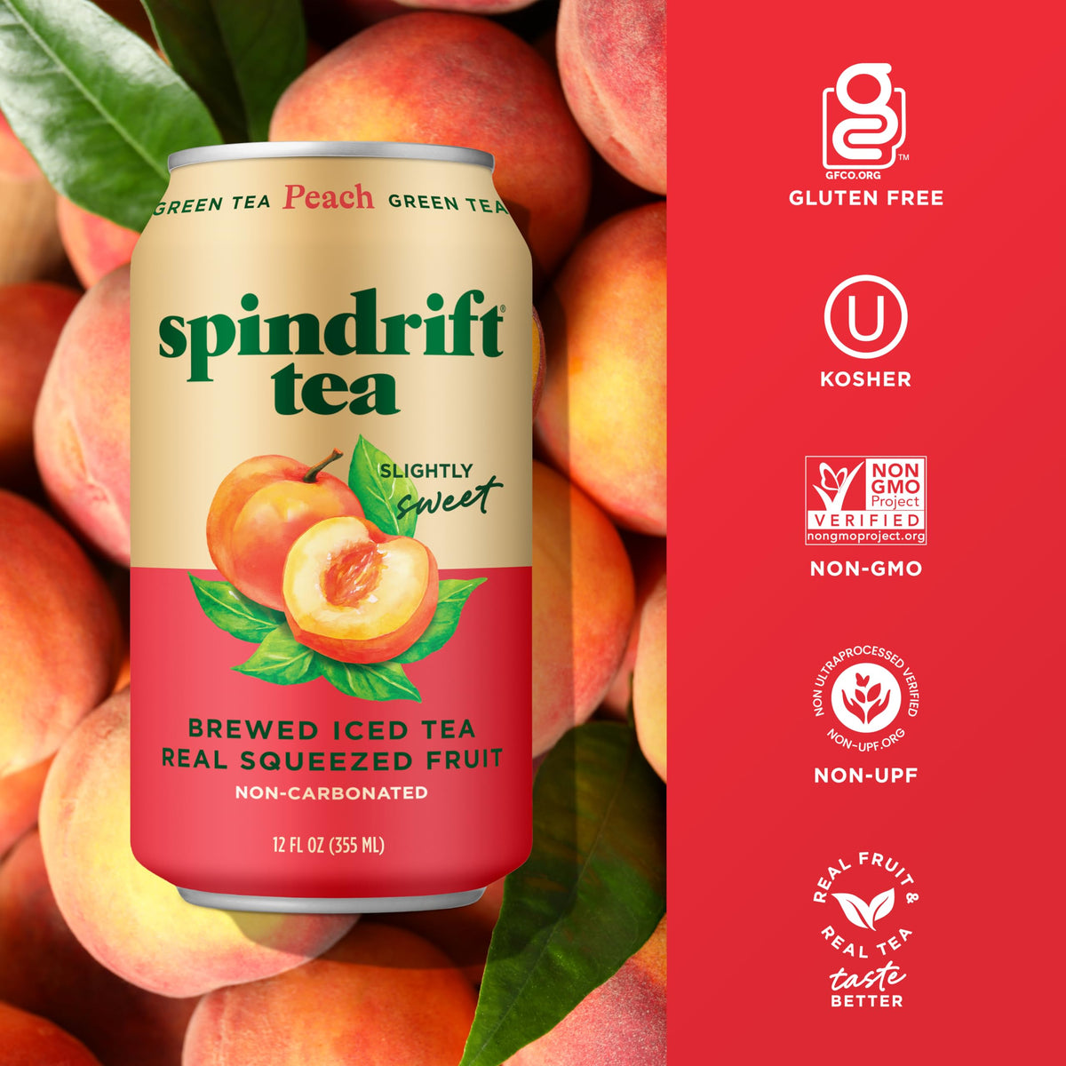 Spindrift Peach Green Tea glass serve illustrating smooth, non-carbonated enjoyment