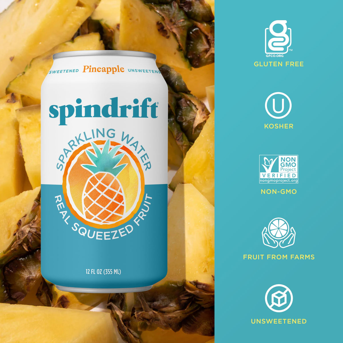 Spindrift Pineapple label closeup showing 8% fruit juice