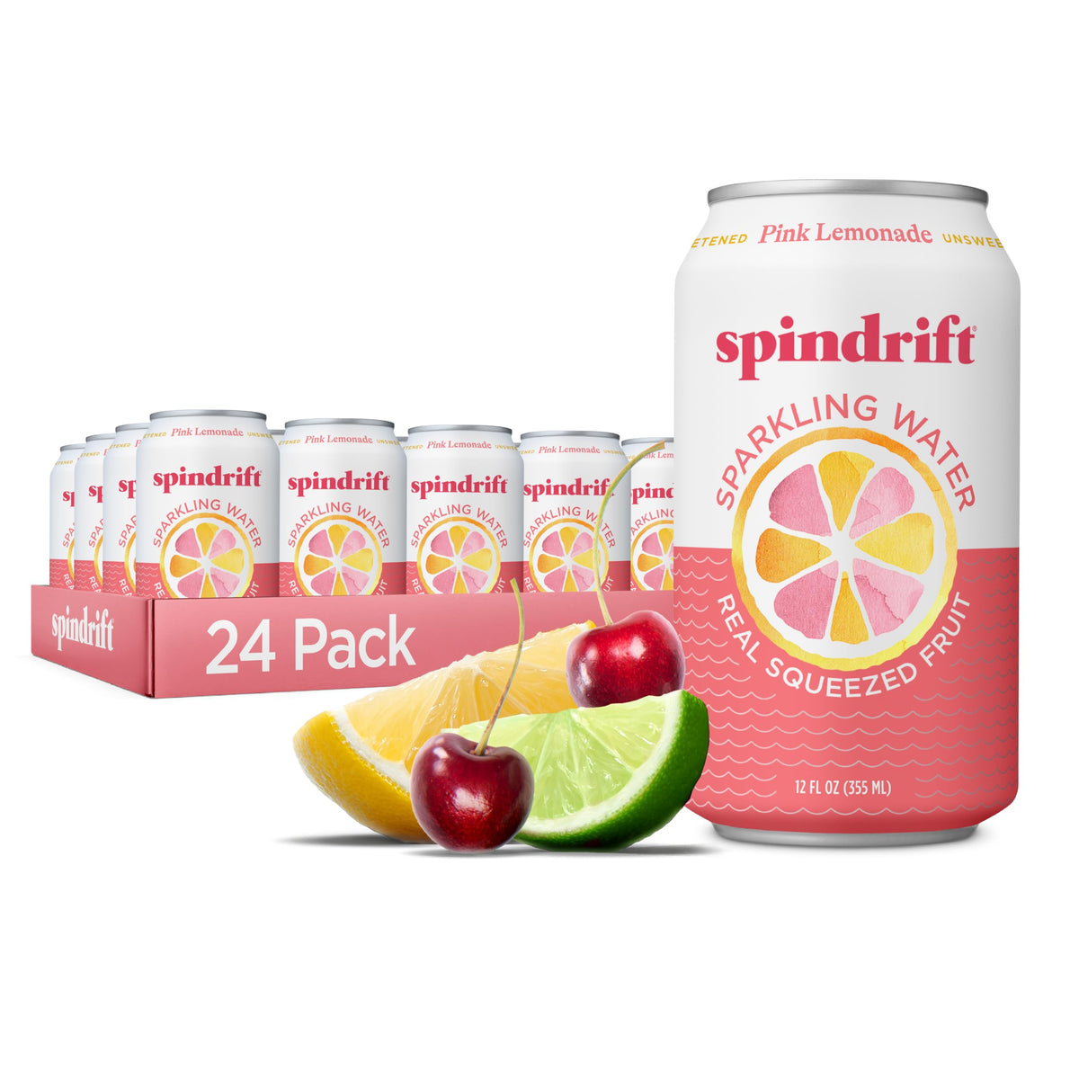 Spindrift Pink Lemonade can front view with real fruit flavor and low calories.