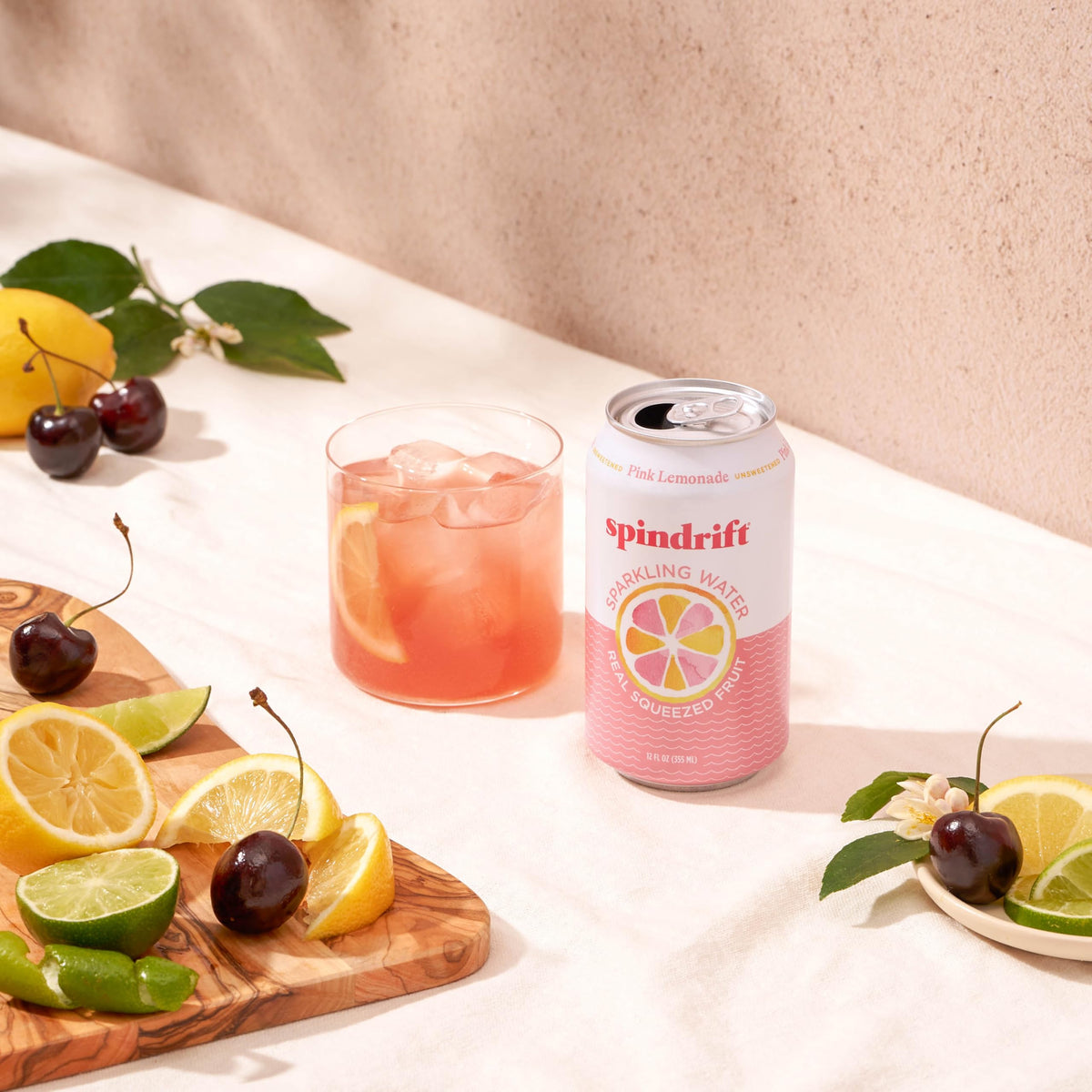 Spindrift Pink Lemonade ingredients close-up highlights real squeezed fruit.