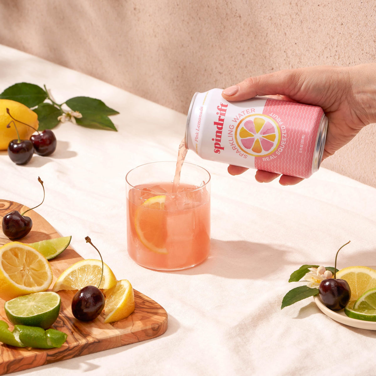 Spindrift Pink Lemonade label close-up shows no sugar added.