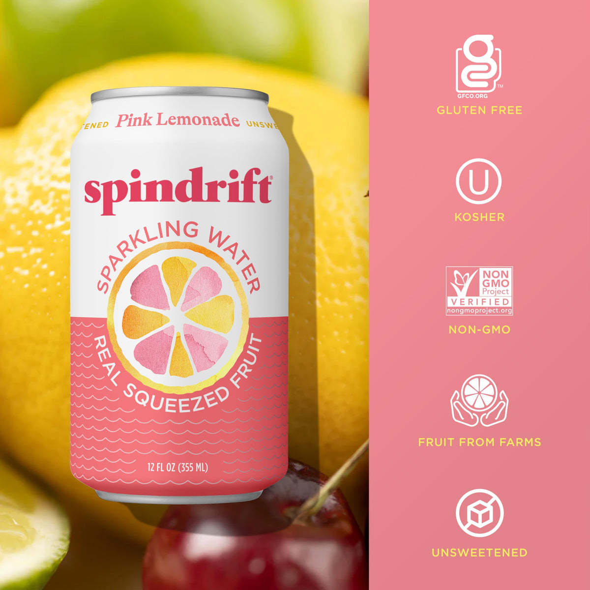 Spindrift Pink Lemonade 24-pack shot emphasizes convenient, grab-and-go packaging.